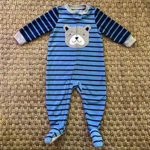 Carter's Boys Blue Striped Bear Fleece Footie Pajamas - 12 Mon